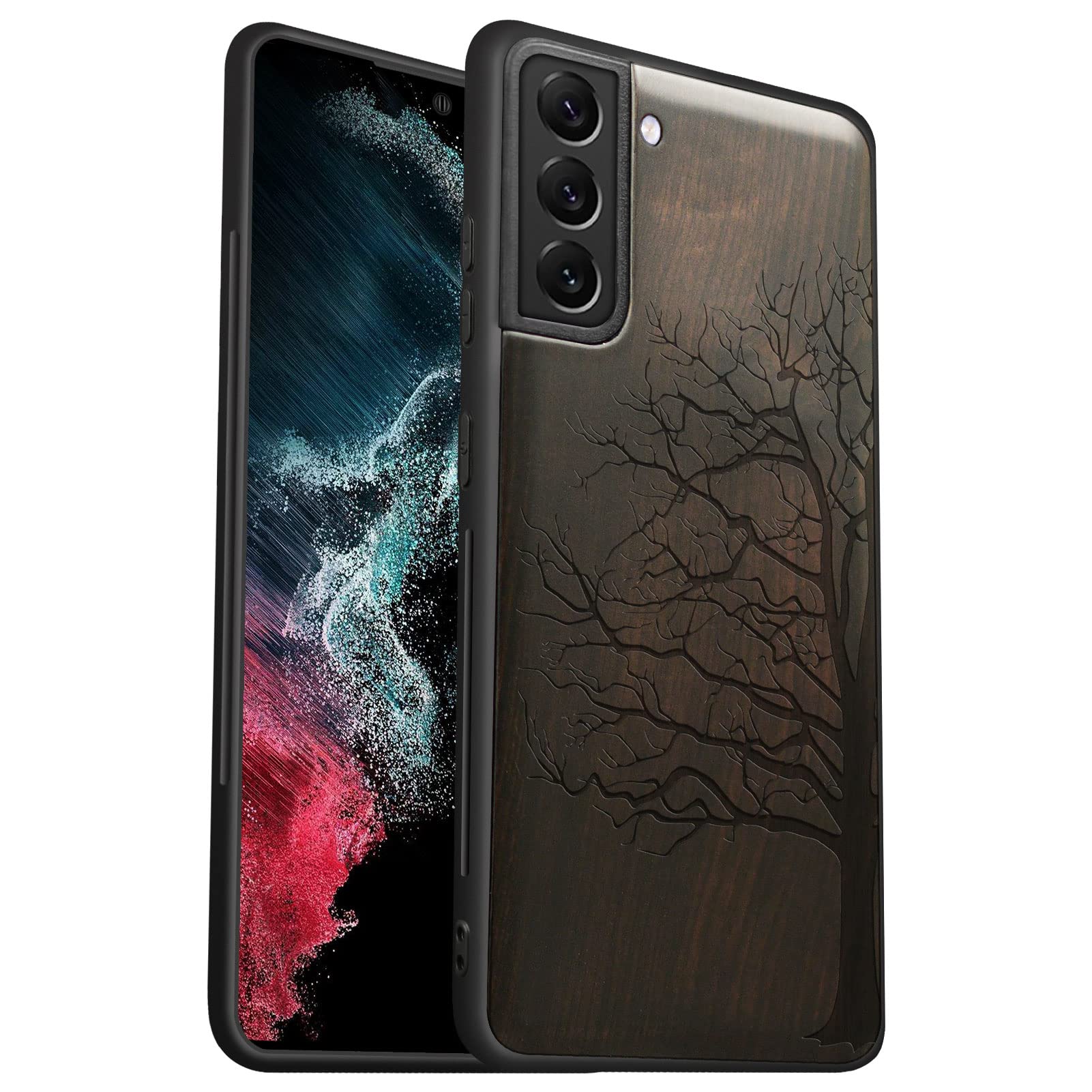 Carveit Wood Case for Galaxy S22+ Case 2022 [Hard Real Wood & Soft TPU] Shockproof Hybrid Protective Cover Unique & Classy Wooden Case Compatible with S22 Plus Case (Eternal Tree Carving -Blackwood)