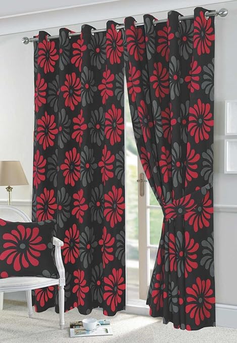 Petals Black Red Floral Design Fully Lined Eyelet Curtains Tie