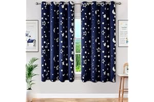 WUBODTI Boys Curtains Navy Blue 100% Blackout Star Curtains Cute Space Themed Thermal Insulated Room Darkening Blackout Short Drapes for Kids Room Nursery Boys Bedroom(W52 x L63, 2 Panels)