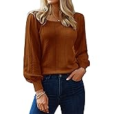 HOTOUCH Womens 2023 Fall Pullover Sweaters Lightweight Puff Long Sleeve Cute Casual Cable Crochet Knit Blouses