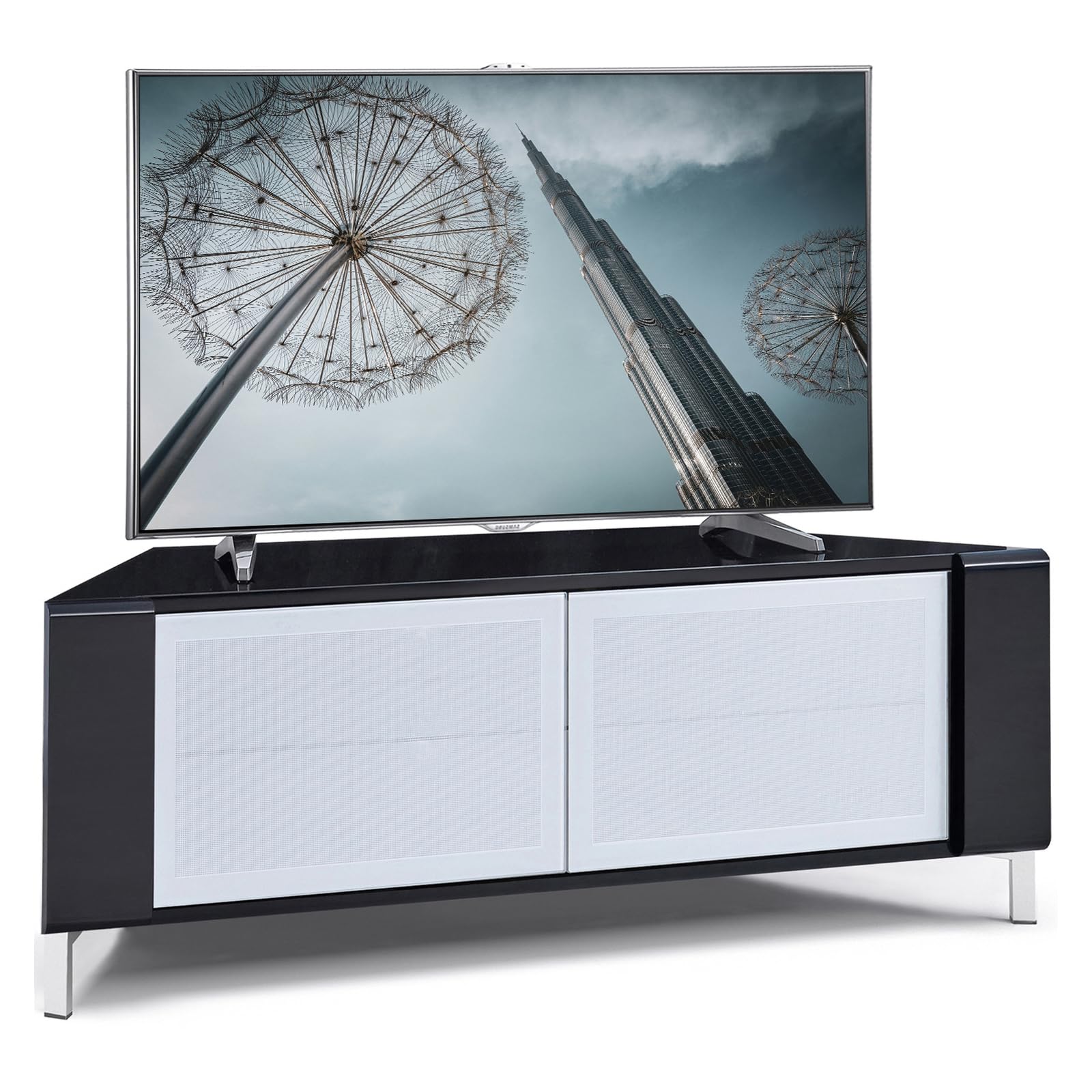 MDA Designs CORVUS Corner-Friendly Gloss Black Contemporary Cabinet with Black Profiles White BeamThru Glass Doors Suitable for Flat Screen TVs up to 50"