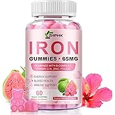 Iron Gummies Vitamin Supplement 65mg & Vitamin C 250mg per Serving with B6 B12 Folate- Energy Support for Iron Deficiency, Anemia, Vegan Guava Hibiscus Flavor, 60 Count