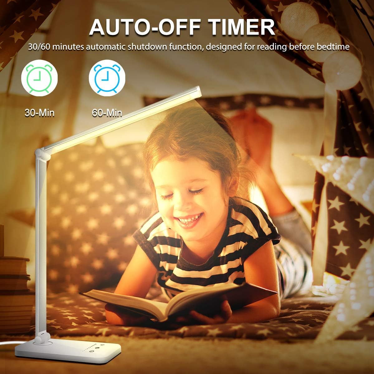LED Desk Lamp, Eye-Caring Table Lamps, Natural Light Protects Eyes, 5 Modes, 10 Brightness Levels, Touch Control, Adjustable Table lamp with USB Charging Port, Auto Timer 30 / 60min, White: Home Improvement