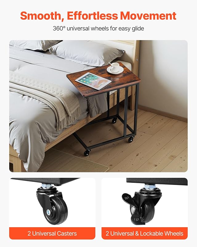 Mesa de cabeceira em forma de C, mesa de centro em C de 500 x 350 x 605 mm com estrutura e rodas metálicas, mobiliário para portátil para sala de estar, quarto, escritório, castanho e preto
