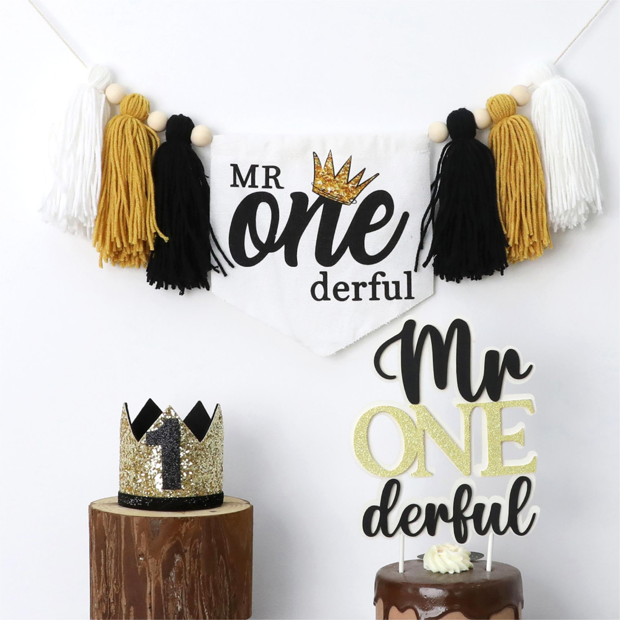 HODIHIWI Onederful First Party Decorations High Chair Banner 1st Crown Hat Cake Topper 1st Birthday Decor