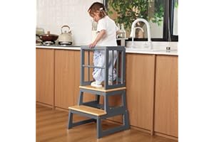 MANGOHOOD Kids Kitchen Step Stool, Ideal Toddler Learning Standing Tower, 2025 New Upgrade with an Anti-tip Structure and Anti-Drop Safety Bar, More Stable and Safer - Gray