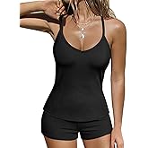 Ekouaer Ribbed Cami Pajamas Set 2 Piece Rib Knit Camisoles Pjs Racerback Tank Top with Shorts Lounge Sets for Women