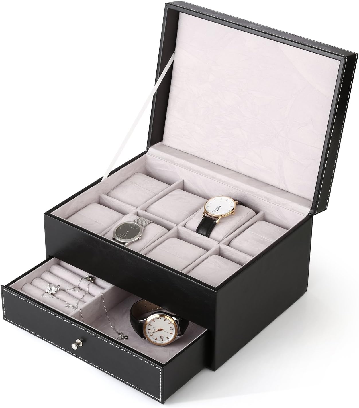 Amzdeal Watch Box Double Layers 8 Grids Jewelry Display Case Leather Tray Organizer, Black