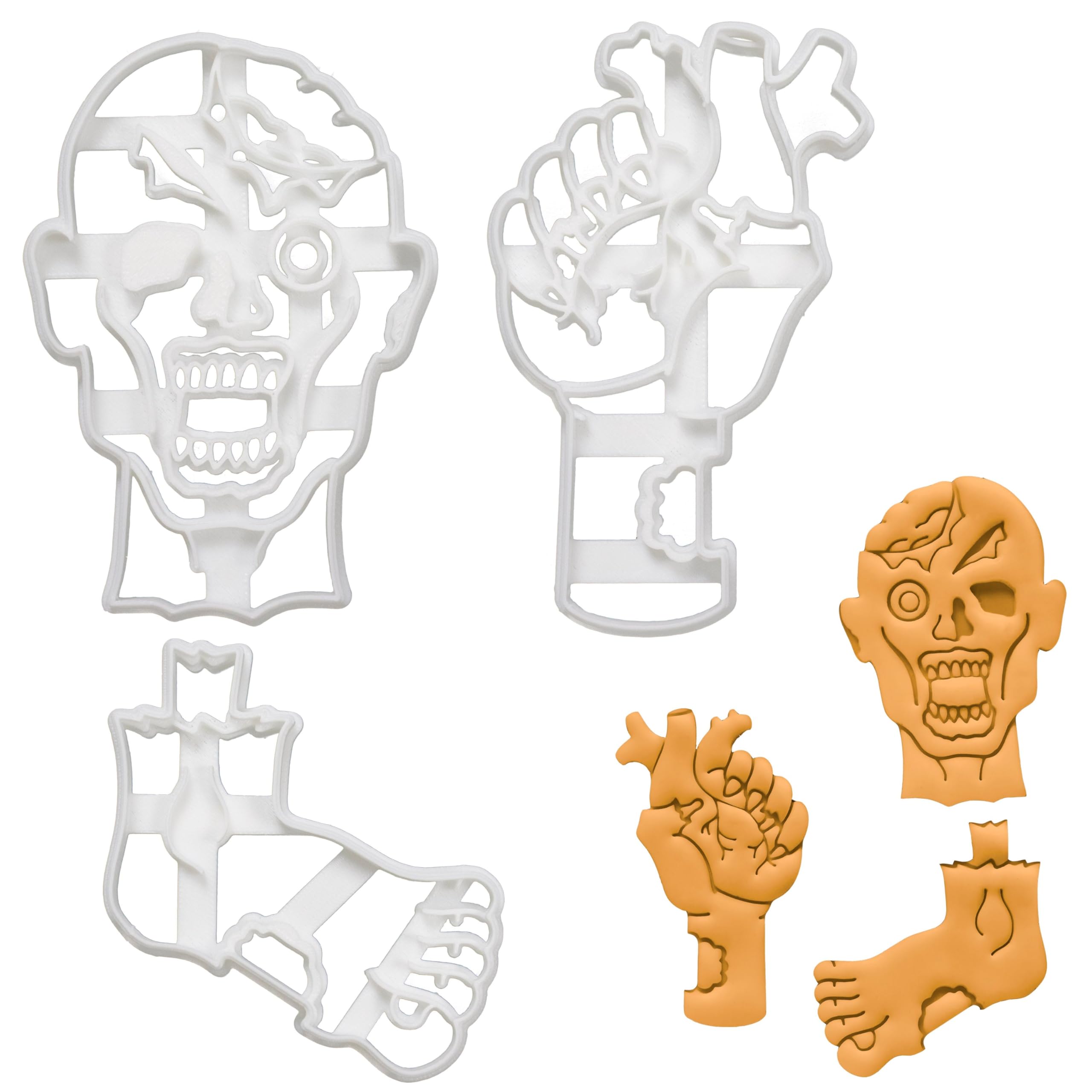 Bakerlogy 3-Piece Zombie Cookie Cutter Set (Zombie Head, Heart, Foot) - 3D Printed, Dishwasher Safe, Ideal for 5mm Dough Thickness