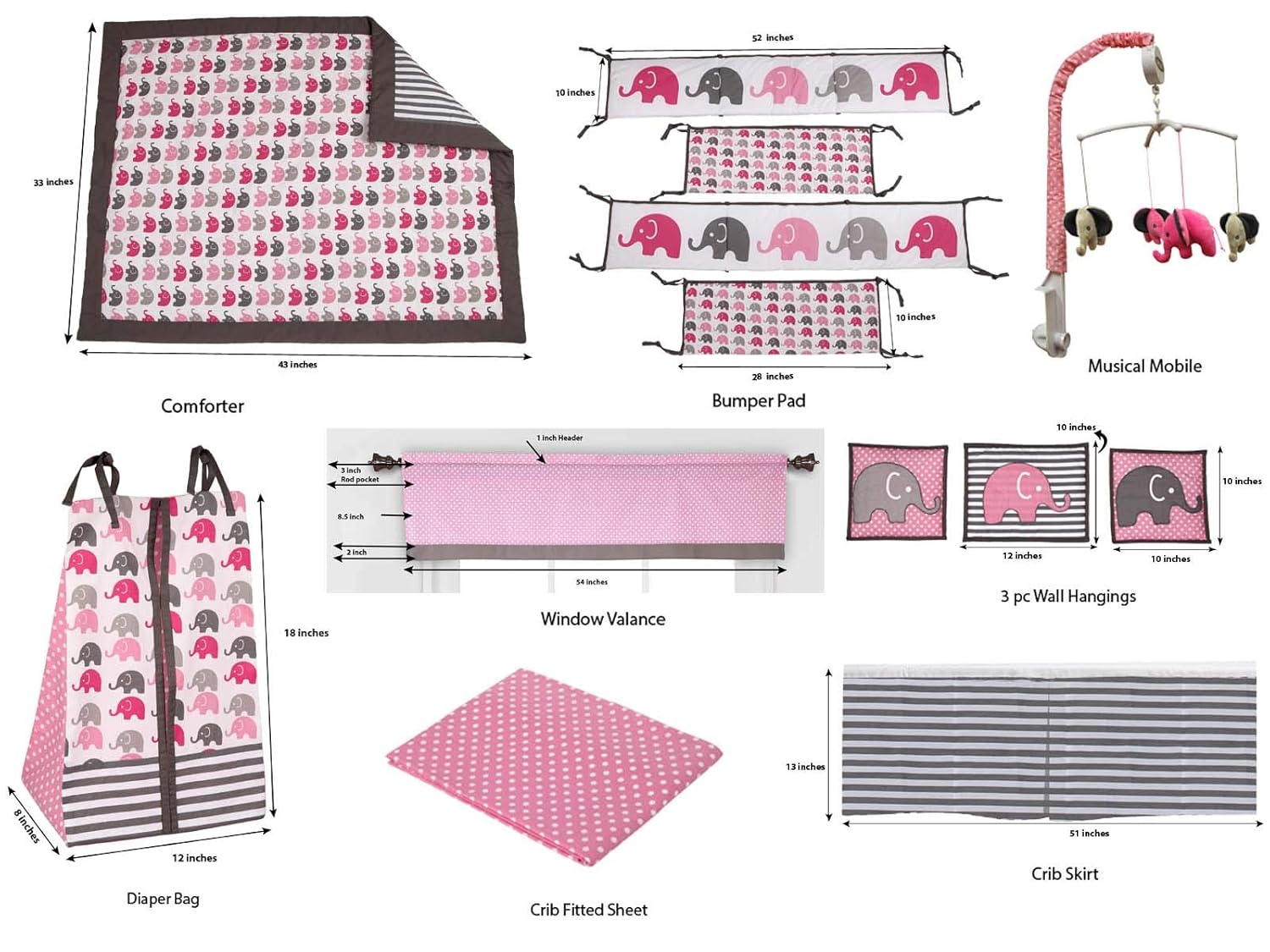 Bacati - Elephants Pink/Grey 10-Piece Nursery in a Bag Girls Baby Nursery Crib Bedding Set with Bumper Pad : Baby