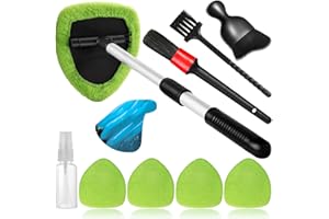 Qydipclin 10pcs Windshield Cleaner Tool, Car Window Cleaning Wash Kit with 4 Reusable Microfiber Pads 1 Spray Bottle and Extendable Handle Auto Glass Wiper Kit, Green