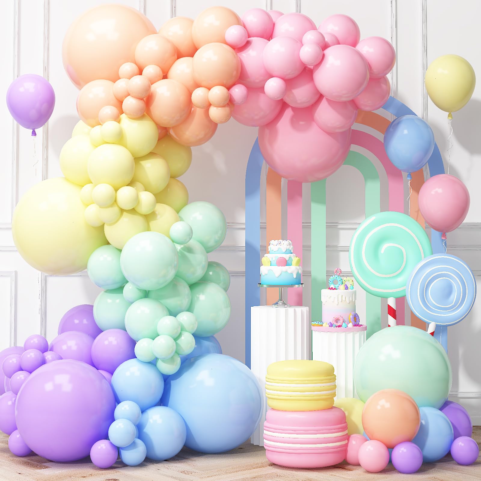 Photo 1 of Pastel Rainbow Balloons Arch Garland Kit, Macaron Easter Balloon Arch Kit,18/12/5 In Pastel Spring Balloon Arch for Spring Easter Party Unicorn Birthday Party, Baby Shower Supplies