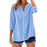 LOMON Cotton 3/4 Sleeve Button Down Shirts for Women V Neck Casual Loose Button Up Blouse