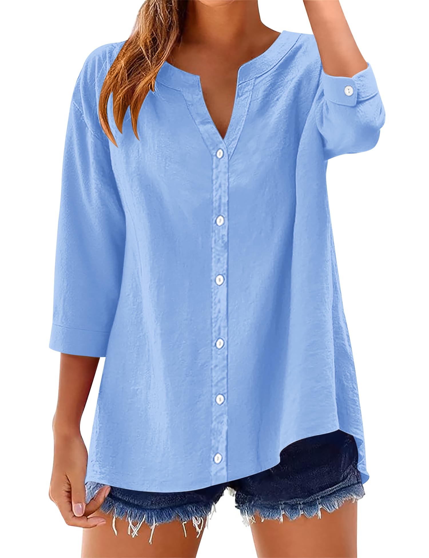 Photo 1 of LOMON Button Down Shirts 3/4 Sleeve Cotton Linen Tops Roll Up Short Sleeve V Neck Loose Work Blouse Sky Blue XL