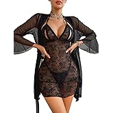 Avidlove Women Sexy Lingerie Set 3 Piece Mesh Kimono Robe with Lace Babydoll Sleepwear Halter Lingerie Nightgown