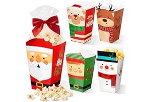 Gueevin 50 Pcs Christmas Popcorn Boxes with Clear Treat Bag Set Treat Candy Boxes with Bag Snowman Reindeer Santa Cookie Goodie Buckets for Xmas Theme Birthday Movie Night Party Gift Supplies