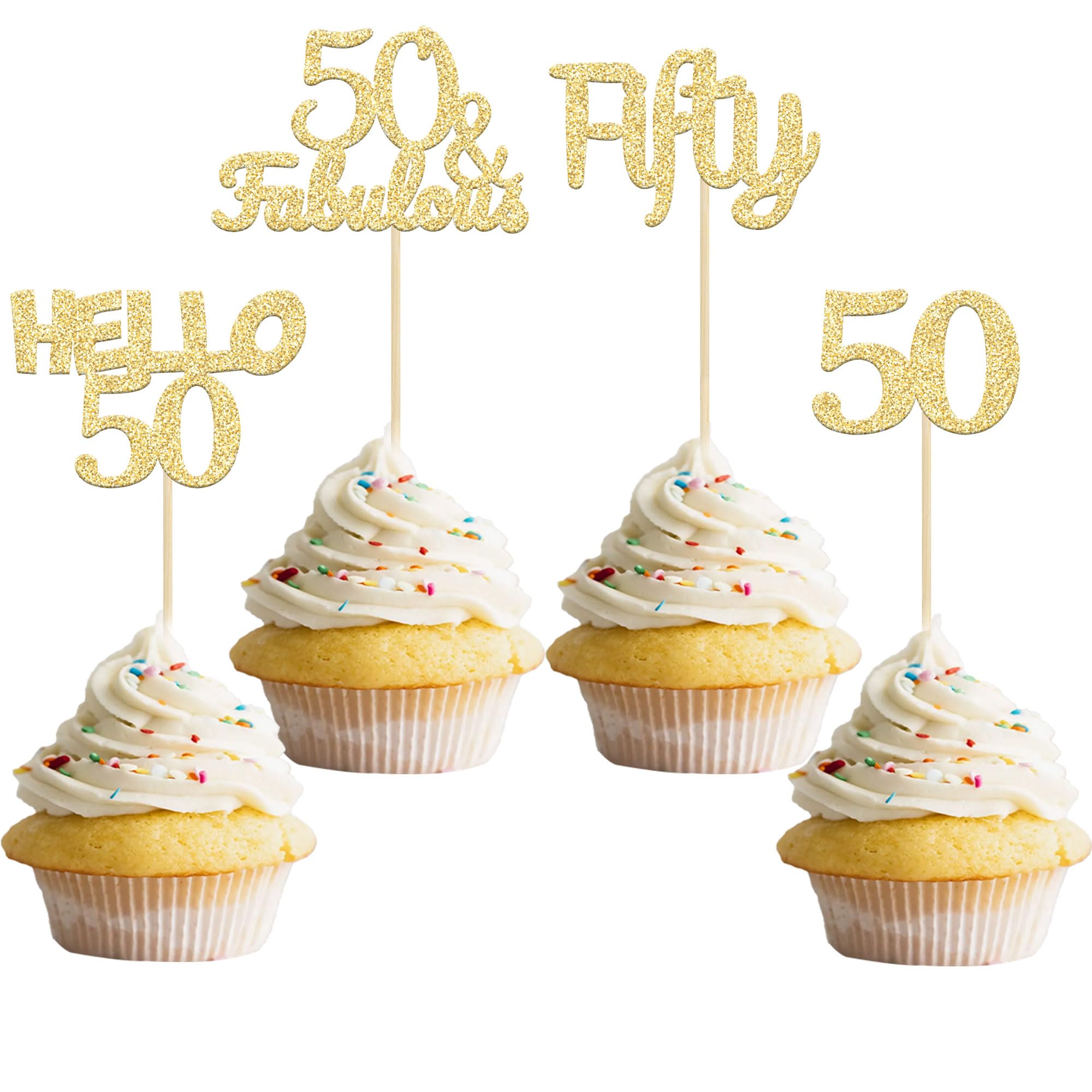Gyufise 24Pcs Gold Glitter 50th Birthday Cupcake Toppers 50 & Fabulous Cake Decorations Hello 50 Fifty Cupcake Picks 50th Birthday Cake Decorations Supplies