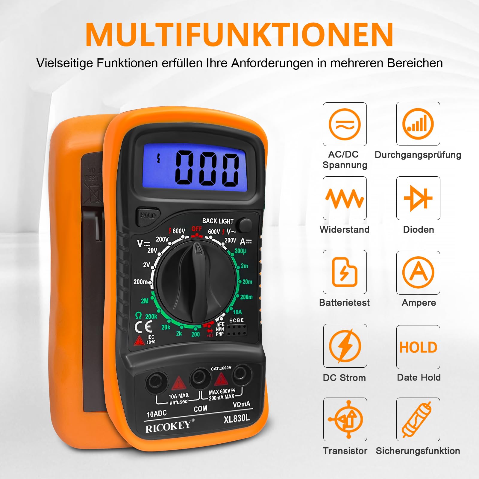 Digital Multimeter Voltmeter Batterietester Spannungsprüfer Durchgangsprüfer Ohm Volt Ampere Messgerät AC/DC Spannung Strom Widerstand Diode Transistor, Großes LCD Anzeige und Hintergrundlicht 2