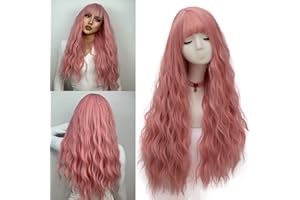 Netgo Women's Pink Wig Long Fluffy Curly Wavy Hair Wigs for Girl Heat Friendly Synthetic Cosplay Party Wigs