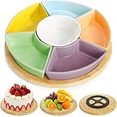 AVLA 11" Ceramic Divided Serving Dishes, Lazy Susan Party Appetizer Platter, 6 Removable Snack Bowl with Rotatable Bamboo Tray, Porcelain Relish Tray for Chips and Dips, Candy, Nut, Condiment, Veggie