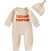 Doqcey Newborn Infant Baby Boy Halloween Outfit Little Pumpkin Embroidery Romper Waffle Knit Long Sleeve Jumpsuit with Hat