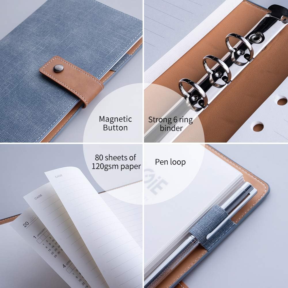 CAGIE A5 Refillable Faux Leather Traveler Notebook Binder Journals 6 Ring Binder Personal Organizer Travel Diary for Women Men Lined Grid Blank Paper with Calendar : Office Products