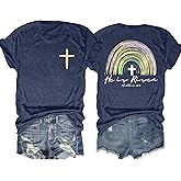 QAUN Easter Shirt for Women He is Risen Christian Graphic Tee Easter Bunny Short Sleeve Casual Top