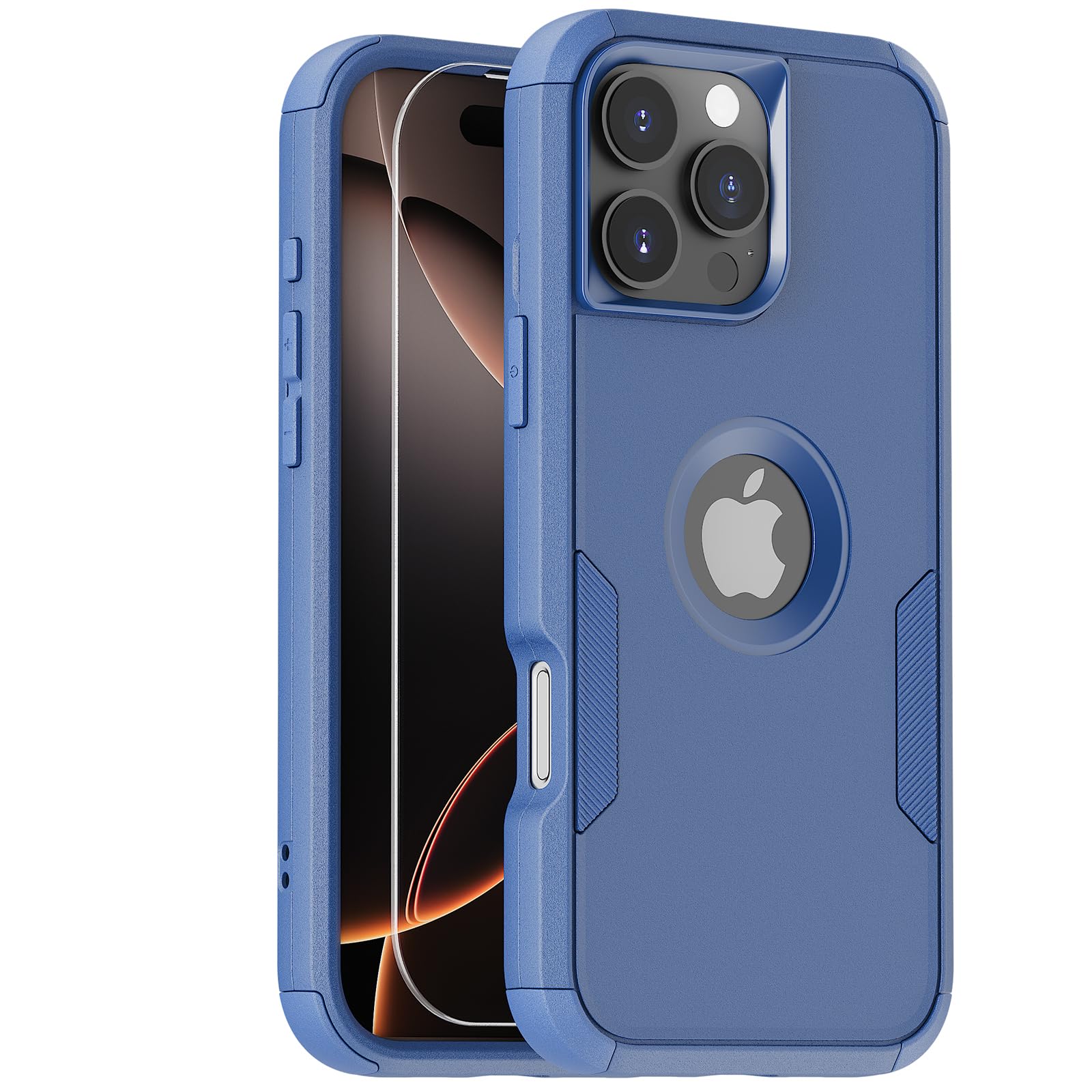 pdxox for iPhone 16 Pro Max Heavy Duty Protection Case, 3-Layers Anti-Slip Full Body Protective Drop Protection Shockproof with 1 Screen Protector for Apple iPhone 16 Pro Max，6.9'' Seablue
