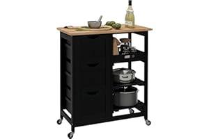 HOMCOM Rolling Kitchen Island Cart, Bar Serving Cart, Compact Trolley on Wheels with Wood Top, Shelves and Drawers, Black