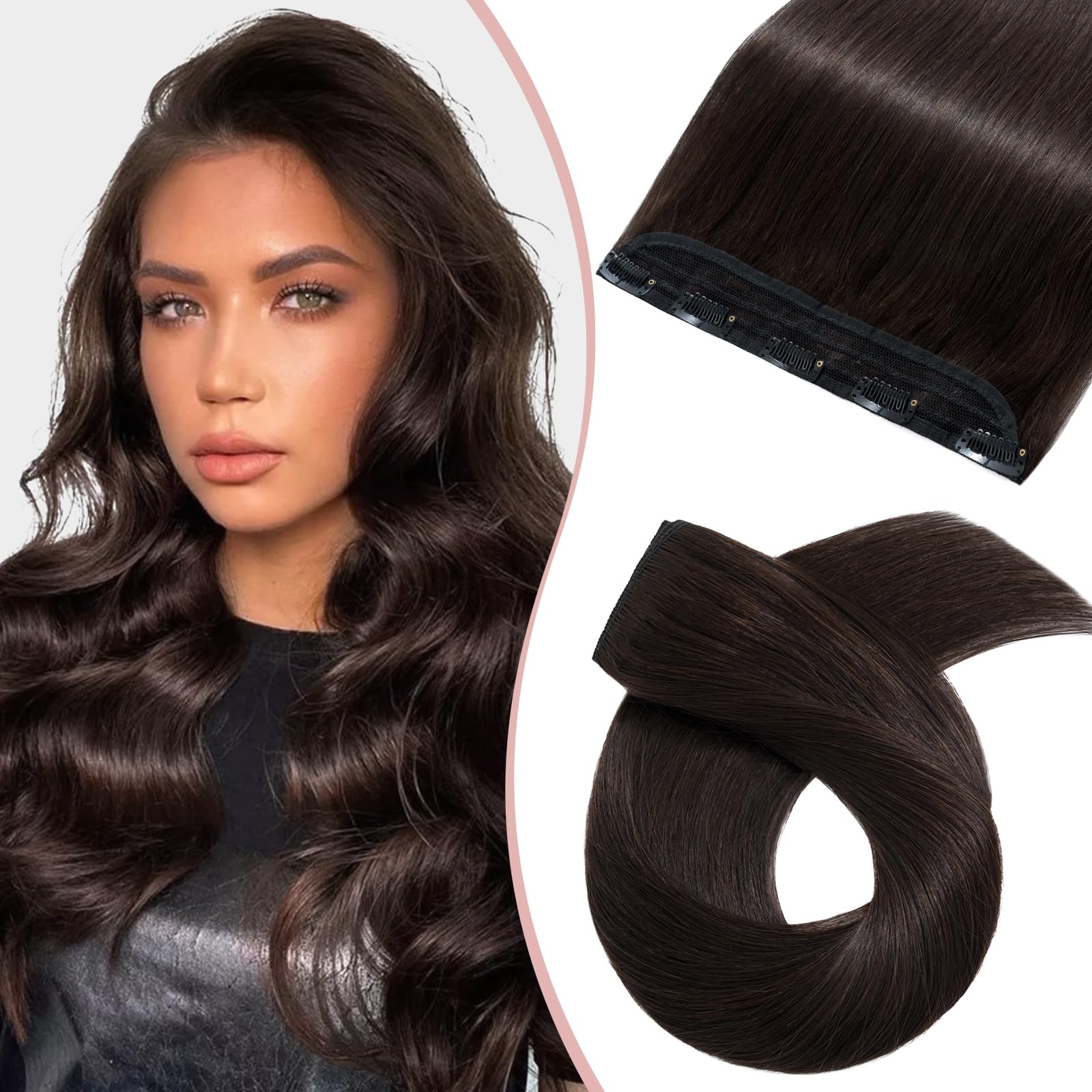 Silk-co Clip in Hair Extensions Human Hair 14inch One Piece Clip on Remy Real Natural 100% Remy Silky Soft Straight #02 Dark Brown 45g