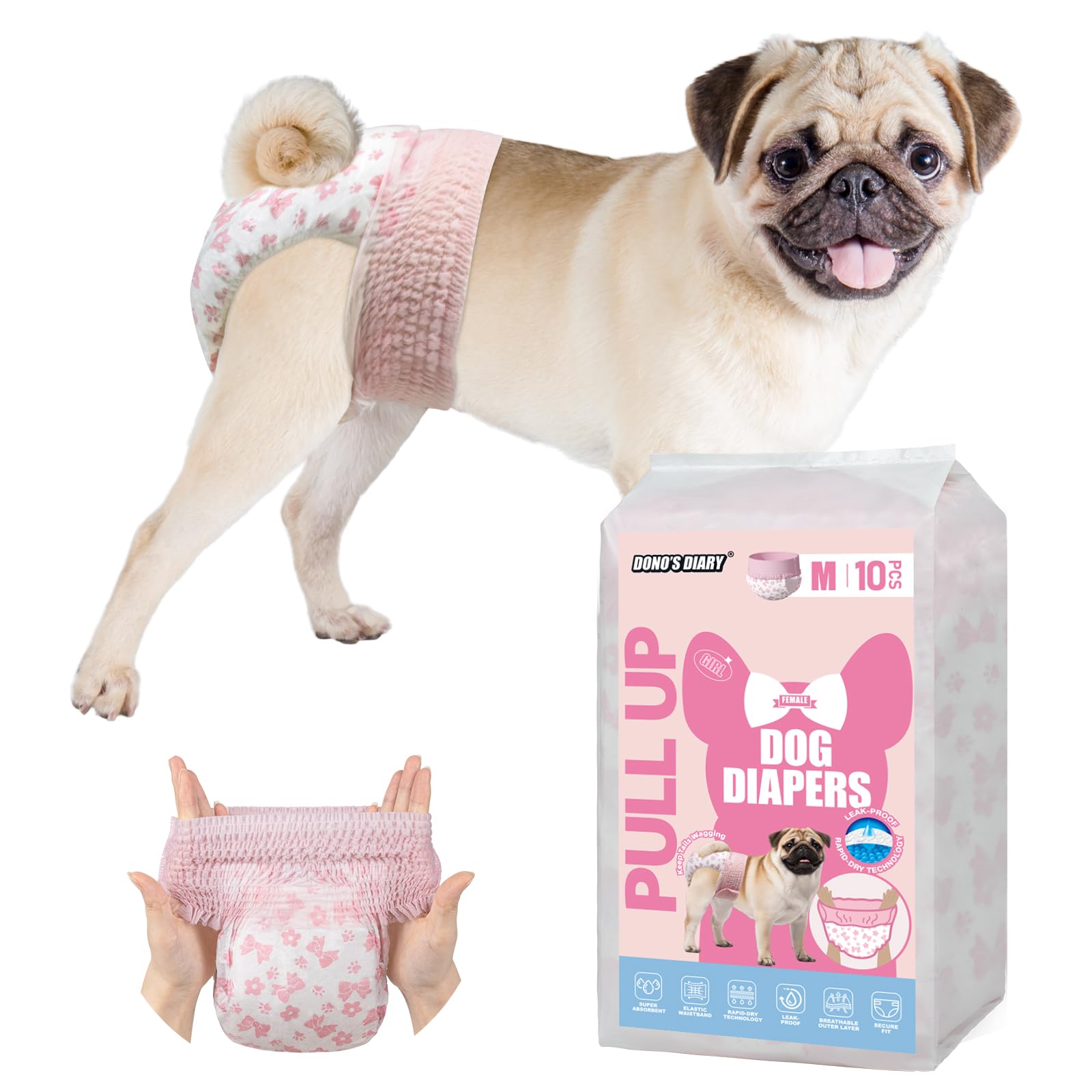 Photo 1 of Dono Disposable Pull It Up Female Dog Diapers, 360° Stretchy Waist Puppy Diapers, Super-Absorbent Doggie Diapers with Rapid-Dry Technology Leak-Proof Design for Doggy in Heat Period, M 40 Pcs