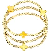 Opalencian Gold Beads Colorful Cross Bracelets Sets for Women,Dainty 3PCS Boho Stretch Stackable Bracelet Charm Summer Beach Friendship Party Jewelry Gifts