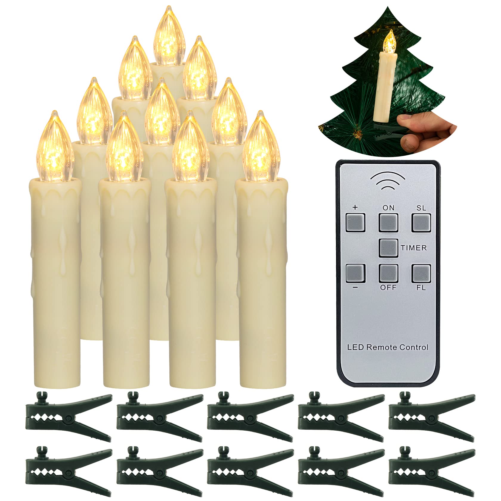 PChero Christmas Tree Candles, 10pcs LED Flameless Flickering Battery Taper Candles with Remote Timer/Removable Clips/Waterproof Rings for Home Party Indoor Outdoor Xmas Trees Decor – Warm White