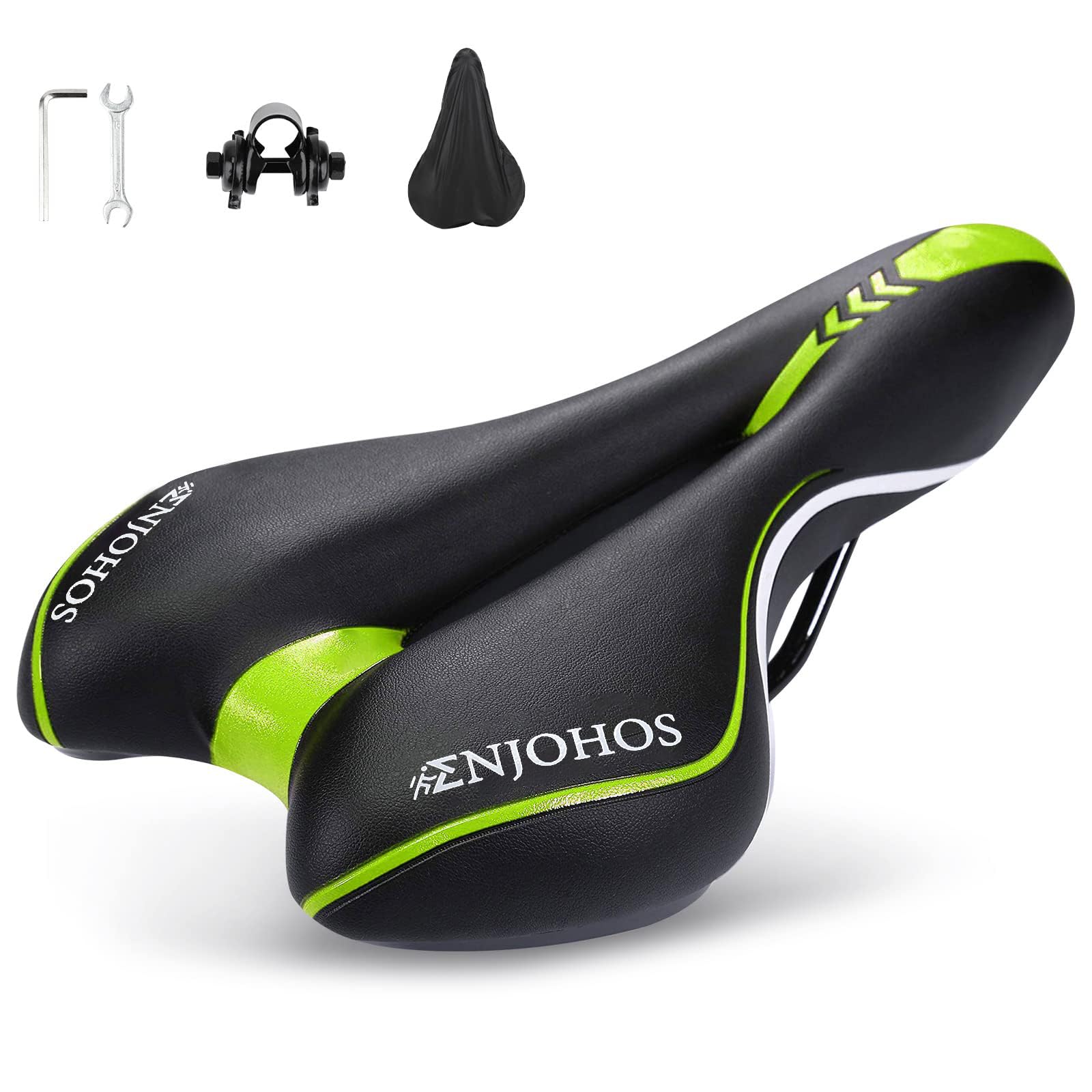 ENJOHOS Mountain Bike Saddle Comfortable MTB Seat Bicycle Gel Cushion Saddle with Memory Sponge Suitable for BMX, Road Bike, City Bikes, Exercise Bikes (Green)