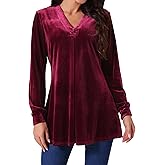 Seta T Women's Velvet Top V Neck Long Sleeves Solid Casual Tunic Blouse Loose T-Shirt