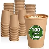 100 Count 12 oz Brown Paper Cups, Brown Disposable Coffee Cups for Hot/Cold Drinks, Unbleached Paper Cups for Office, Party, Picnic, Travel, and Events