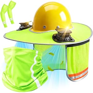 Hard Hat Sun Shade with Dual Solar Fans, Neck Cover & Arm Sleeves | Hard Hat Visor Sunshade Full Brim Set, Summer Protection