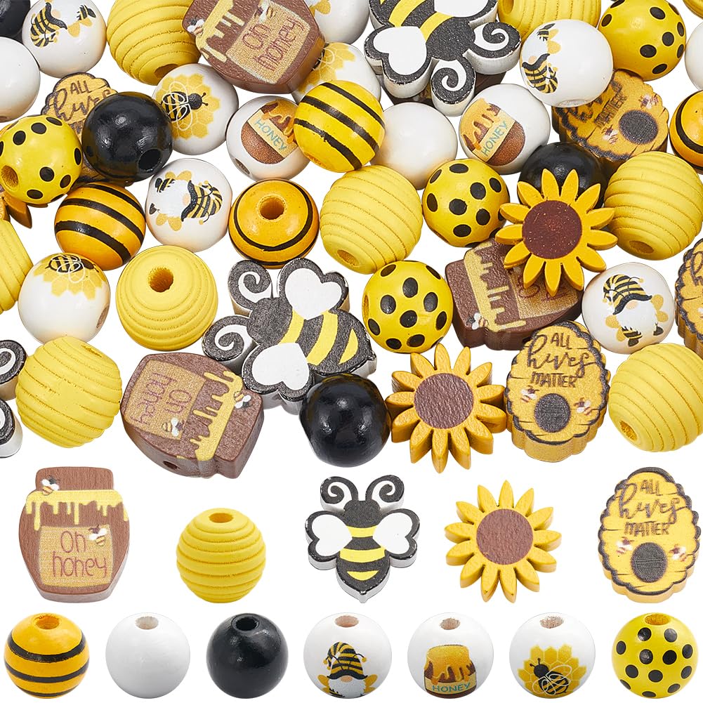 SOFPLATE 200Pcs 12 Styles Bee Bead Wood Honeycomb Beads Bulk Honey Jar Spring Summer Yellow Flower Rustic Farmhouse Bee Craft Loose Wooden Beads for Bracelet Beading Necklaces Home Decor DIY Crafts