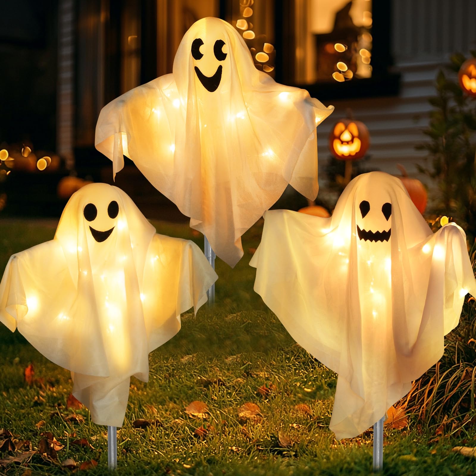 Photo 1 of [8 Modes] 3 Pack Halloween Outdoor Decorations Lighted Ghost Yard Stakes with 50 LED Warm White Lights Battery Operated Bendable Arm Light Up White Cloth Ghost Yard Garden Outside Haunted House Decor