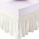 MEILA Wrap Around Elastic Bed Skirt for Queen &amp; King Beds, 16" Drop, Ivory | Three-Side Adjustable Elastic Dust Ruffle, Ruffled Polyester Fabric, Easy to Install, Fade Resistant &amp; Machine Washable