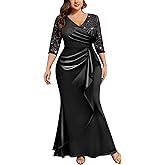 MISSMAY Women's Plus Sequin Lace Satin Ruched Ruffle Mermaid Formal Evening Long Dress