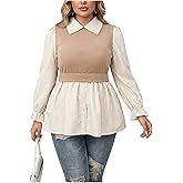 winkbay Women's Plus Size Striped Peplum Shirts Button Front Lantern Sleeve Collared 2 in 1 Work Office Blouses