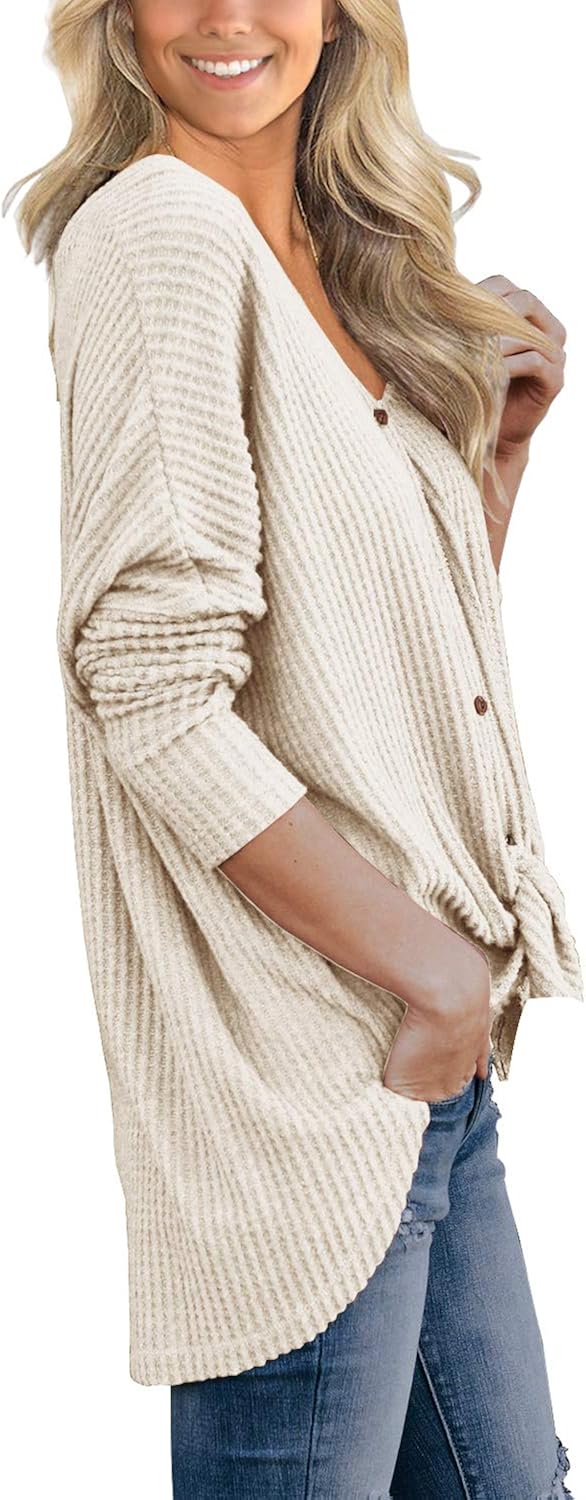 IWOLLENCE Womens Waffle Knit Tunic Blouse Tie Knot Henley Tops Loose Fitting Bat Wing Plain Shirts at  Women’s Clothing store