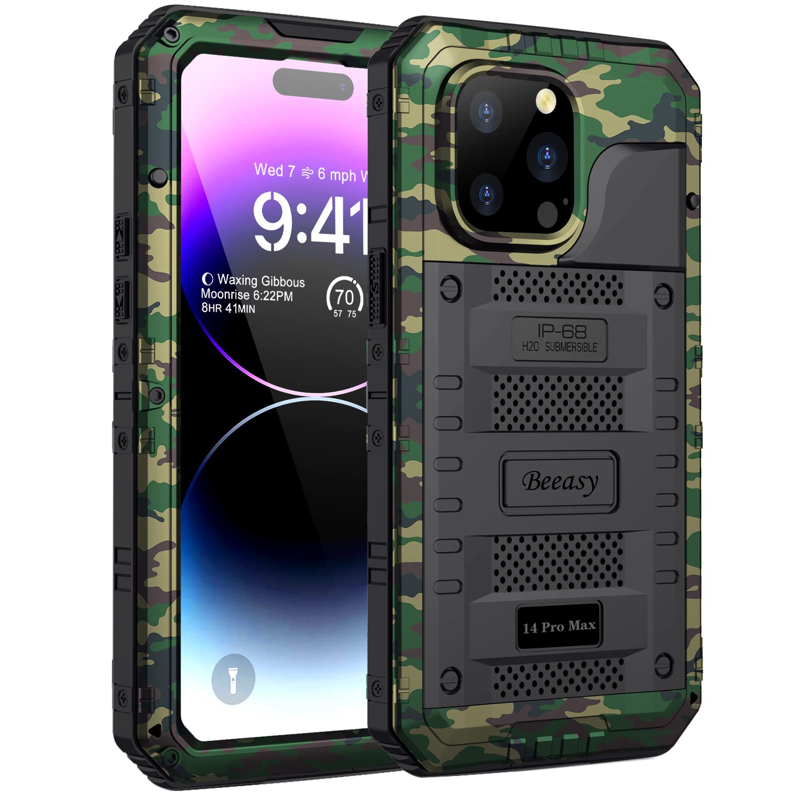 Beeasy for iPhone 14 Pro Max Case Waterproof Heavy Duty Shockproof Tough Metal Armour Cover Dustproof Built-in Screen Protector, 360 Full Body Military Protective Rugged Case for 14 Pro Max Camo