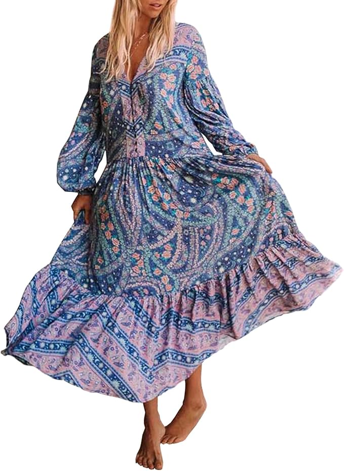 R.Vivimos Womens's Cotton Long Sleeve Vintage Floral Bohemian Beach V