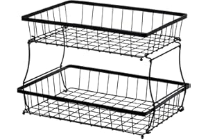 HOSY 2 Tier Steel Basket, Standing Storage Rack Ideas for Fruits, Vegetables, Bread, etc. (14-inch)