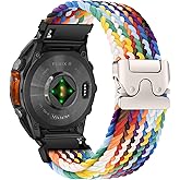 Nylon Braided Watch Band for Garmin Tactix 8 51mm/Fenix 8 51 mm/Fenix 7X Pro Solar/7X Pro/7X Solar/7X/6X/Enduro 3/Descent Mk3i, Secure Parachute-Style Buckle Strap for Garmin QuickFit 26 mm, Rainbow