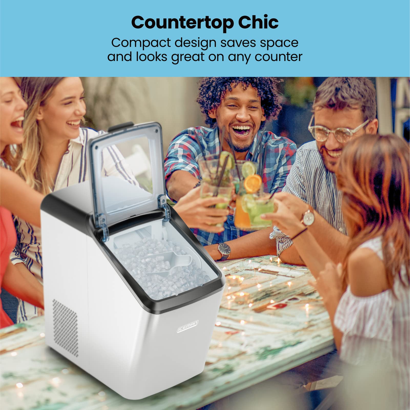 Iceman Countertop Nugget Ice Maker – Pebble Ice Machine, Soft Chewable Pellets in 20 Min, 26Lbs/24H, 3lb. Capacity, Waterline-Compatible, Self-Cleaning, Stainless-Steel + Scoop