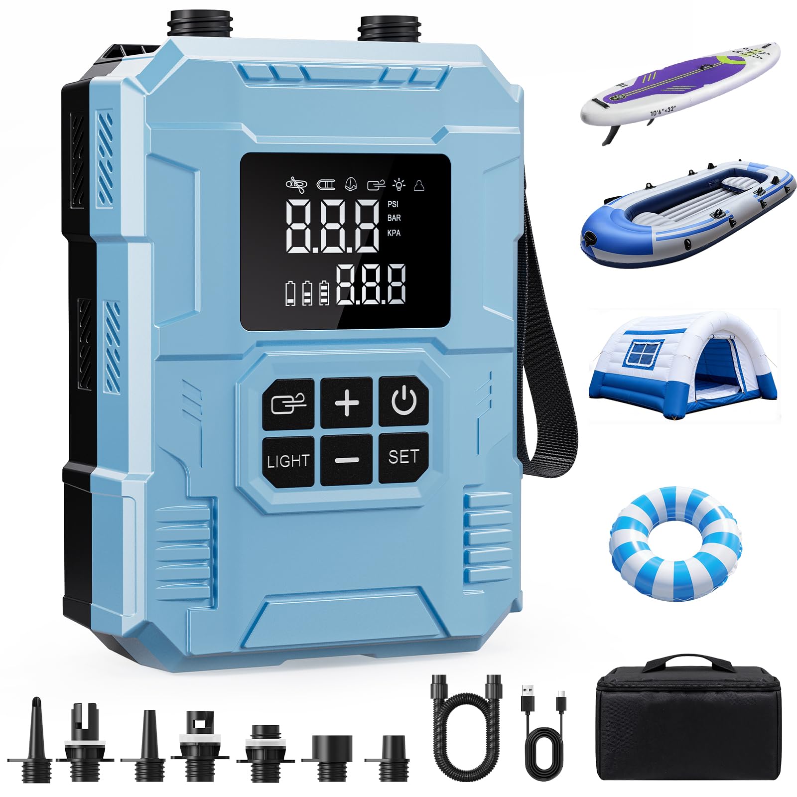 Photo 1 of S8 Electric Paddle Board Pump, 22 PSI Cordless Rechargeable SUP Pump, 4X Faster Dual-Stage Inflation & Deflation, Portable Air Pump with LED Light & Auto-Off for SUP, Kayak, Surfing Kite, Boat