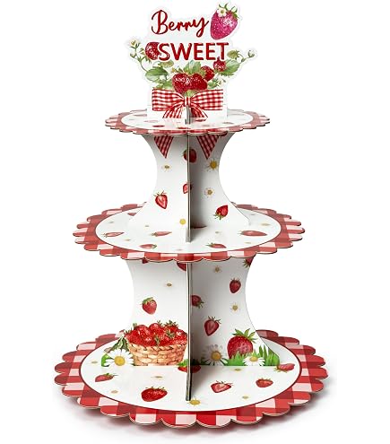 3 Tier Strawberry Themed Party Cupcake Stand Decorations Berry First Birthday Cupcake Holder Decor Summer Fruit Dessert Tower Kids Girl Baby Shower S